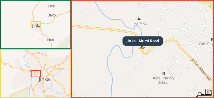 Map showing the address of Jinka - Mursi Road in three different zoom levels.