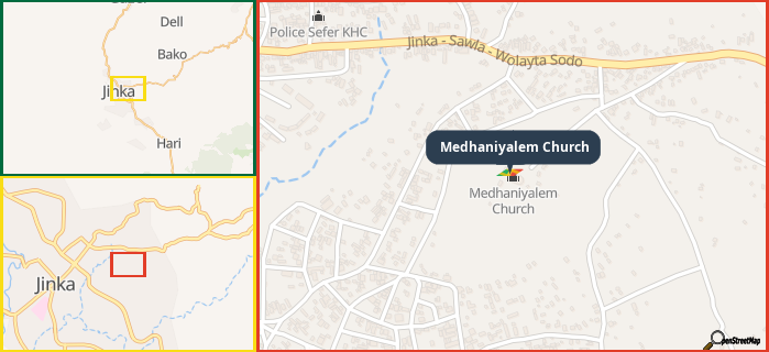 Map showing the address of Medhaniyalem Church in three different zoom levels.