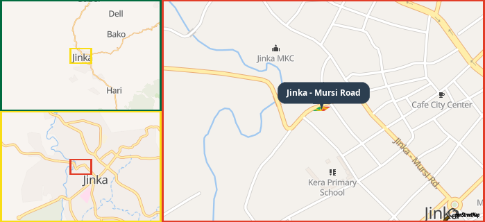 Map showing the address of Jinka - Mursi Road in three different zoom levels.