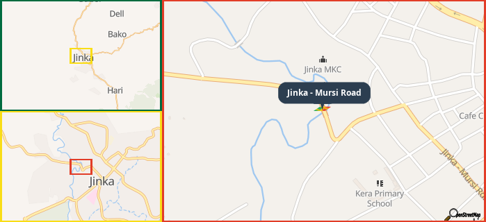 Map showing the address of Jinka - Mursi Road in three different zoom levels.