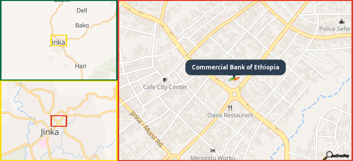 Map showing the address of Commercial Bank of Ethiopia in three different zoom levels.