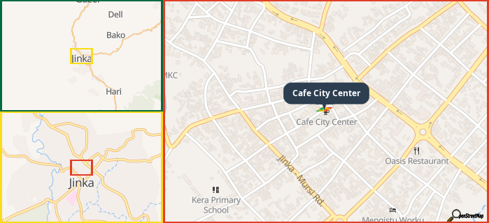 Map showing the address of Cafe City Center in three different zoom levels.
