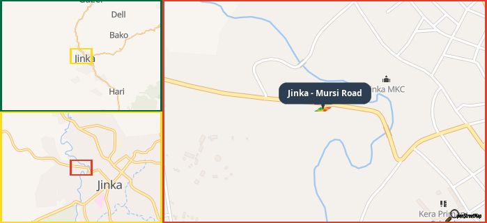 Map showing the address of Jinka - Mursi Road in three different zoom levels.