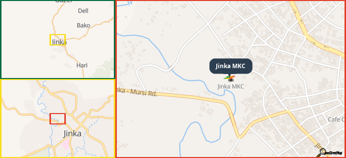 Map showing the address of Jinka MKC in three different zoom levels.
