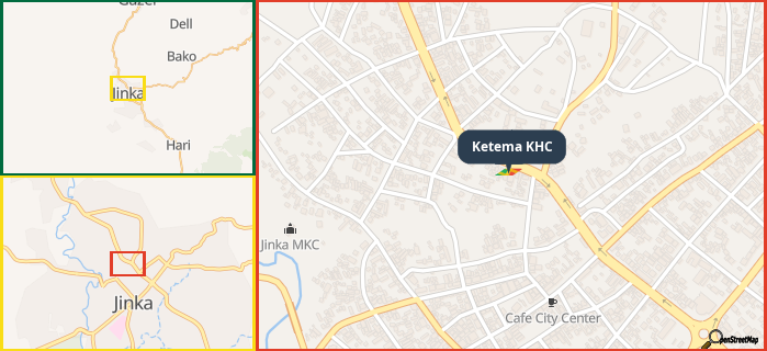 Map showing the address of Ketema KHC in three different zoom levels.