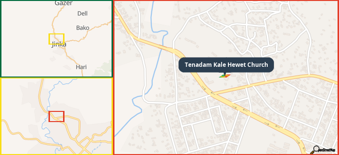 Map showing the address of Tenadam Kale Hewet Church in three different zoom levels.