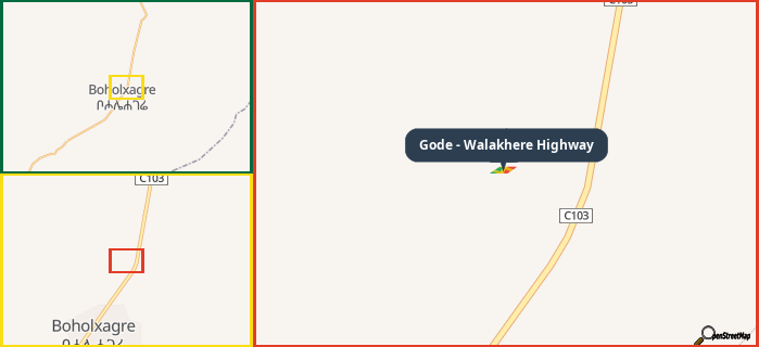 Map showing the address of Gode - Walakhere Highway in three different zoom levels.