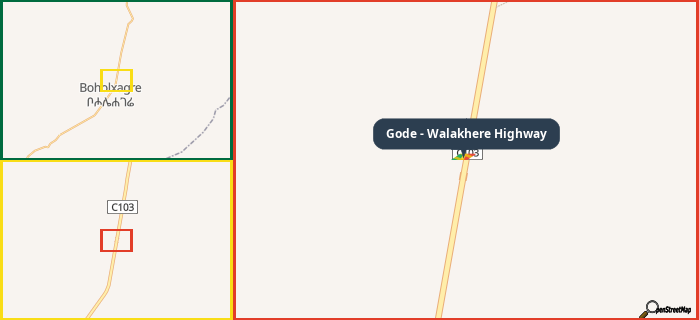 Map showing the address of Gode - Walakhere Highway in three different zoom levels.