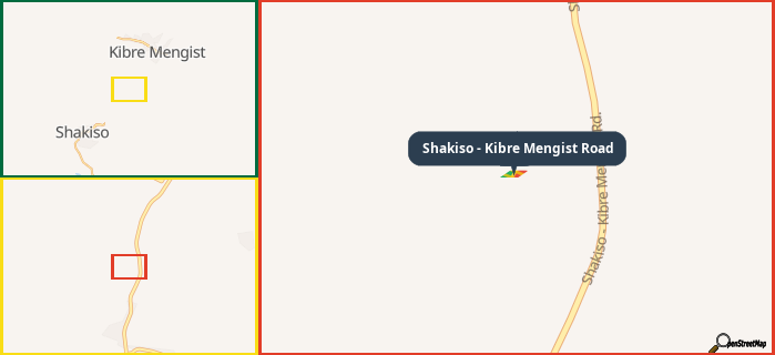 Map showing the address of Shakiso - Kibre Mengist Road in three different zoom levels.