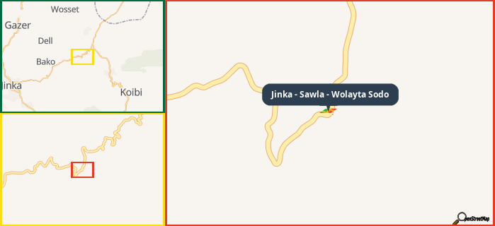 Map showing the address of Jinka - Sawla - Wolayta Sodo in three different zoom levels.