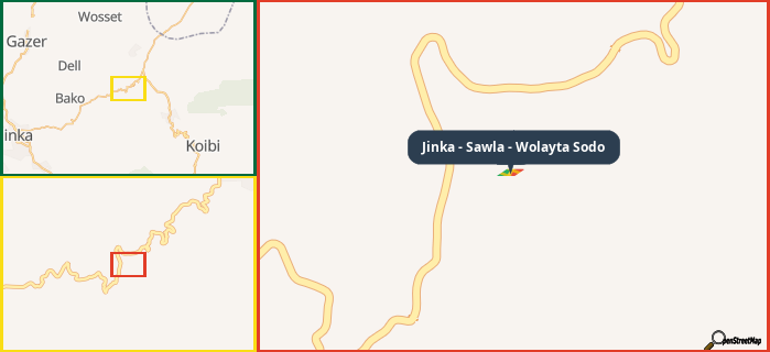 Map showing the address of Jinka - Sawla - Wolayta Sodo in three different zoom levels.