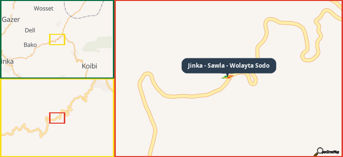 Map showing the address of Jinka - Sawla - Wolayta Sodo in three different zoom levels.