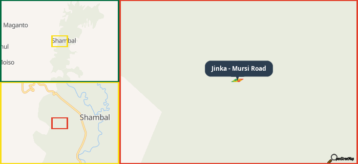 Map showing the address of Jinka - Mursi Road in three different zoom levels.