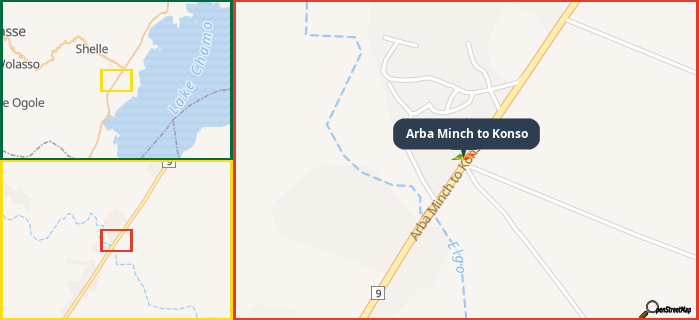 Map showing the address of Arba Minch to Konso in three different zoom levels.