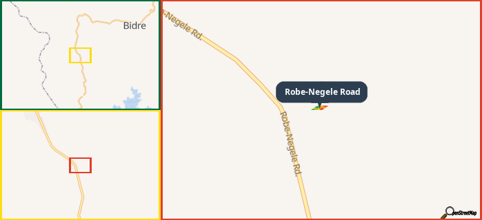 Map showing the address of Robe-Negele Road in three different zoom levels.