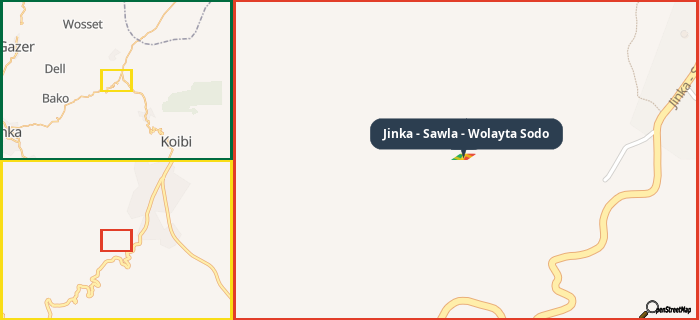Map showing the address of Jinka - Sawla - Wolayta Sodo in three different zoom levels.