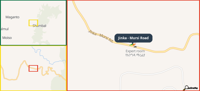 Map showing the address of Jinka - Mursi Road in three different zoom levels.