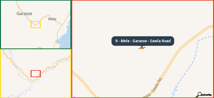 Map showing the address of 9 - Mele - Garasse - Sawla Road in three different zoom levels.