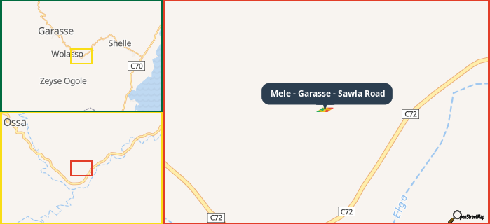 Map showing the address of Mele - Garasse - Sawla Road in three different zoom levels.