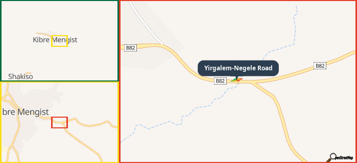 Map showing the address of Yirgalem-Negele Road in three different zoom levels.