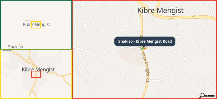 Map showing the address of Shakiso - Kibre Mengist Road in three different zoom levels.