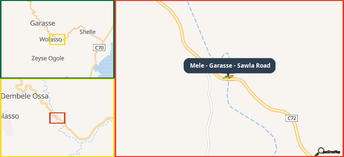 Map showing the address of Mele - Garasse - Sawla Road in three different zoom levels.