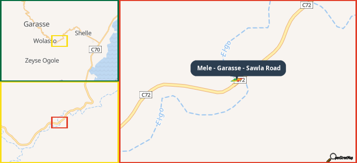 Map showing the address of Mele - Garasse - Sawla Road in three different zoom levels.