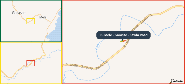 Map showing the address of 9 - Mele - Garasse - Sawla Road in three different zoom levels.