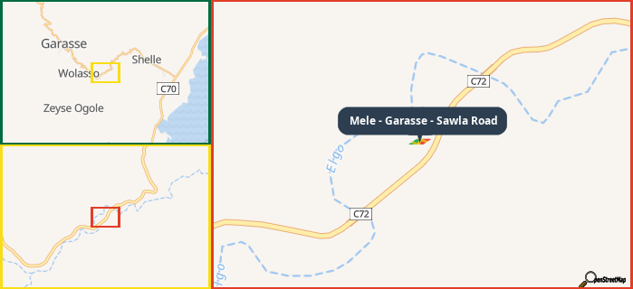 Map showing the address of Mele - Garasse - Sawla Road in three different zoom levels.