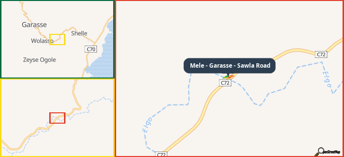 Map showing the address of Mele - Garasse - Sawla Road in three different zoom levels.