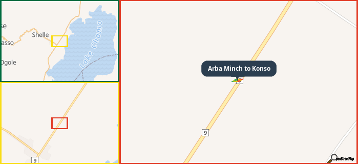 Map showing the address of Arba Minch to Konso in three different zoom levels.