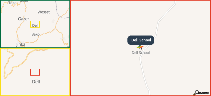 Map showing the address of Dell School in three different zoom levels.