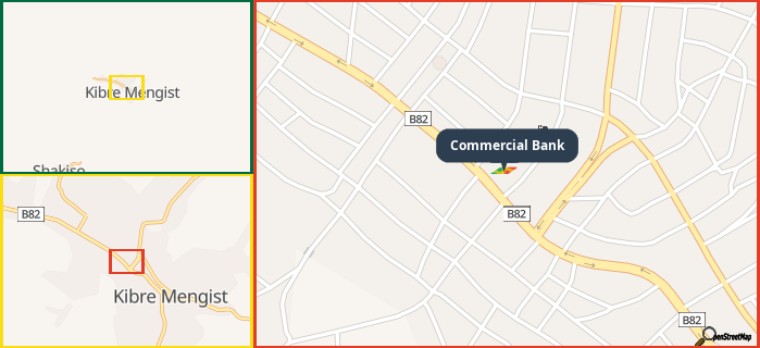 Map showing the address of Commercial Bank in three different zoom levels.