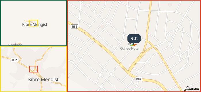 Map showing the address of G.T. in three different zoom levels.