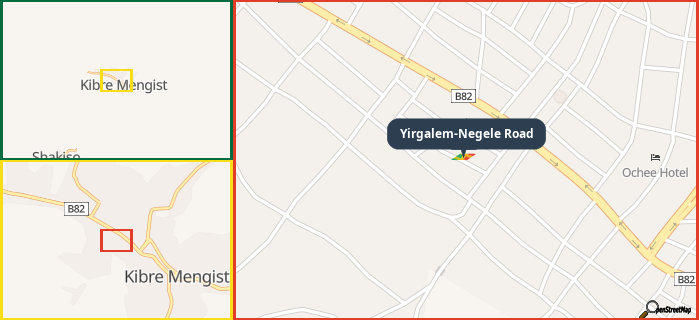 Map showing the address of Yirgalem-Negele Road in three different zoom levels.