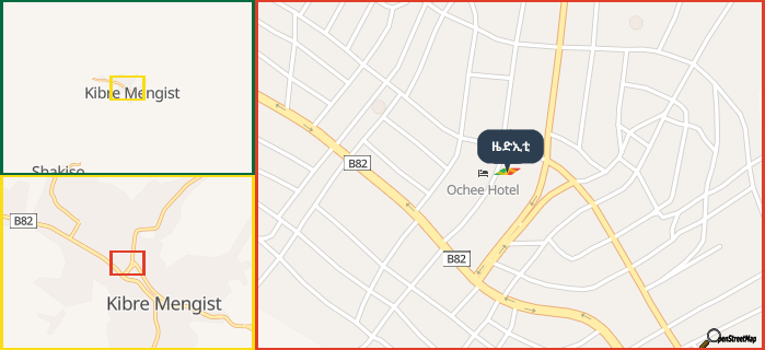 Map showing the address of ዜድኢቲ in three different zoom levels.