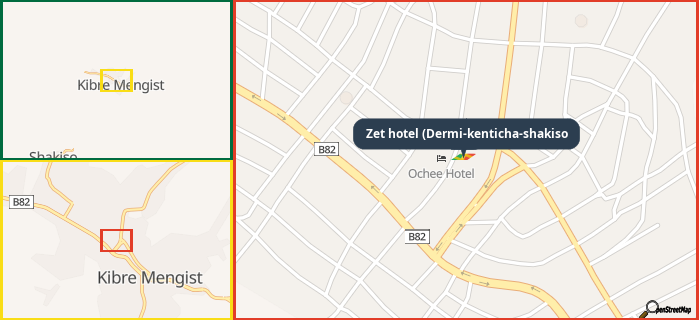 Map showing the address of Zet hotel (Dermi-kenticha-shakiso in three different zoom levels.