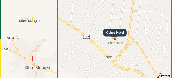 Map showing the address of Ochee Hotel in three different zoom levels.