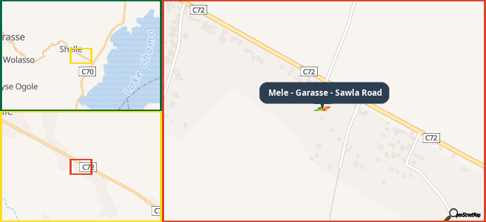 Map showing the address of Mele - Garasse - Sawla Road in three different zoom levels.