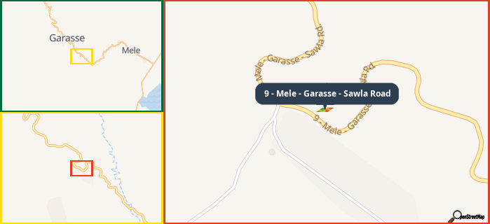 Map showing the address of 9 - Mele - Garasse - Sawla Road in three different zoom levels.