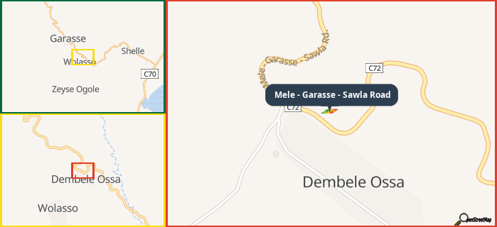 Map showing the address of Mele - Garasse - Sawla Road in three different zoom levels.