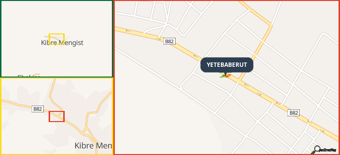 Map showing the address of YETEBABERUT in three different zoom levels.