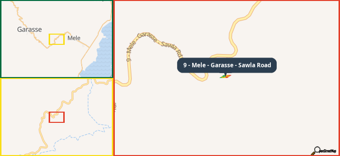 Map showing the address of 9 - Mele - Garasse - Sawla Road in three different zoom levels.