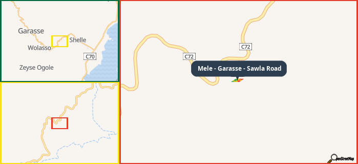 Map showing the address of Mele - Garasse - Sawla Road in three different zoom levels.
