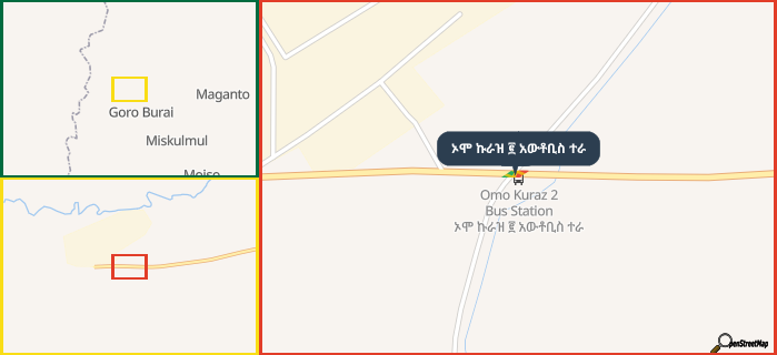 Map showing the address of ኦሞ ኩራዝ ፪ አውቶቢስ ተራ in three different zoom levels.