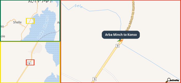 Map showing the address of Arba Minch to Konso in three different zoom levels.