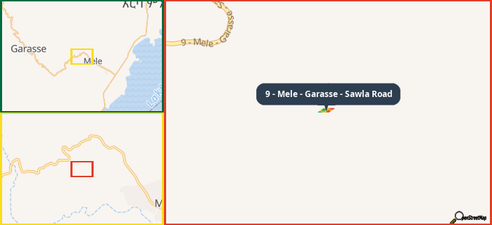 Map showing the address of 9 - Mele - Garasse - Sawla Road in three different zoom levels.