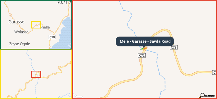 Map showing the address of Mele - Garasse - Sawla Road in three different zoom levels.