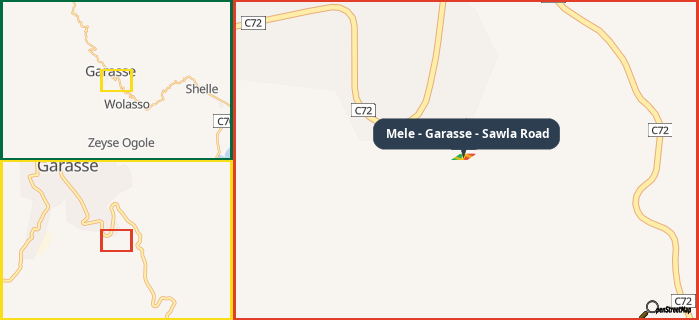 Map showing the address of Mele - Garasse - Sawla Road in three different zoom levels.