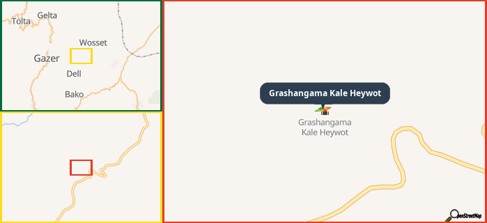Map showing the address of Grashangama Kale Heywot in three different zoom levels.